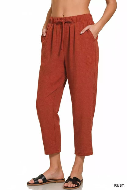 Zenana Woven Crepe Elastic Band Waist Pants - Bitsy Gypsy Boutique
