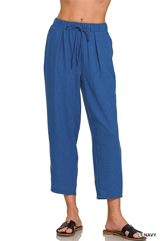 Zenana Woven Crepe Elastic Band Waist Pants - Bitsy Gypsy Boutique