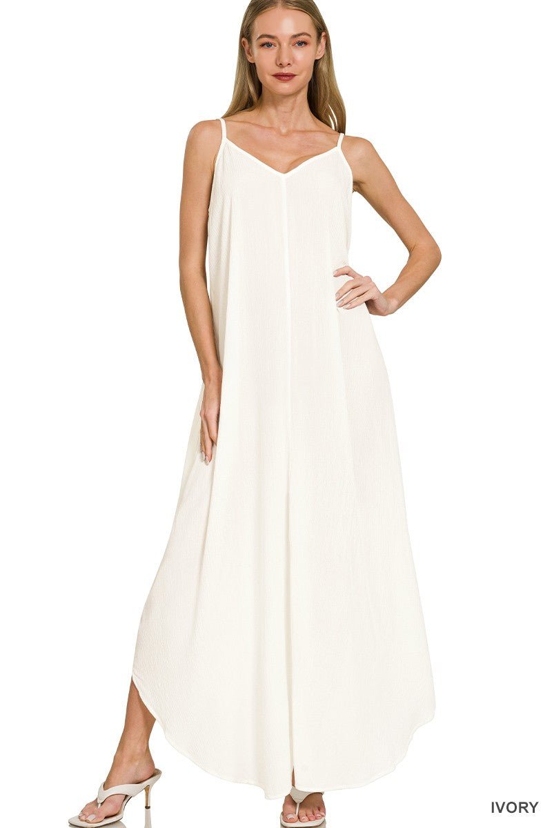 Zenana Woven Crinkle Cami Maxi Dress with Side Pockets - Bitsy Gypsy Boutique