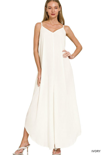 Zenana Woven Crinkle Cami Maxi Dress with Side Pockets - Bitsy Gypsy Boutique