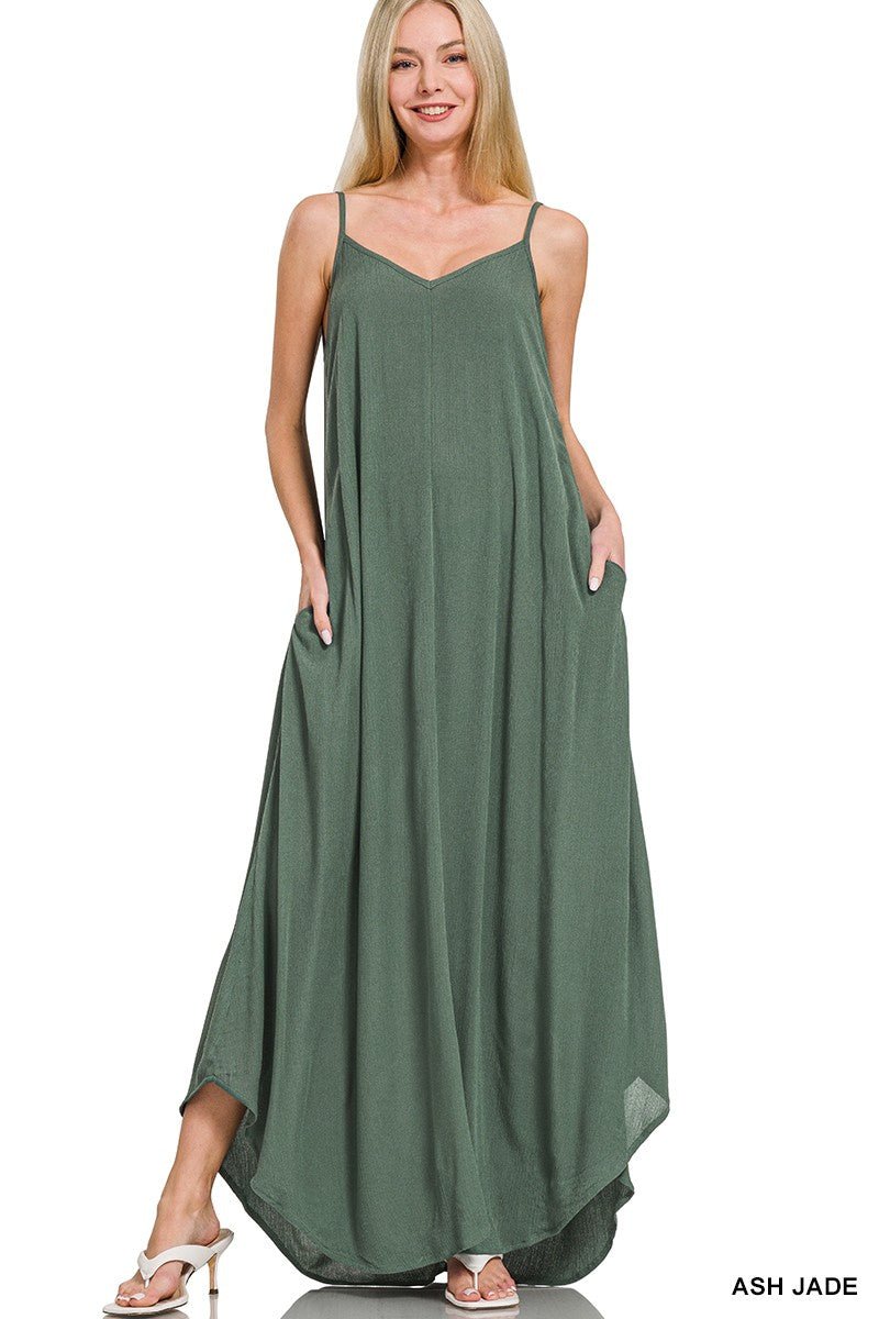 Zenana Woven Crinkle Cami Maxi Dress with Side Pockets - Bitsy Gypsy Boutique