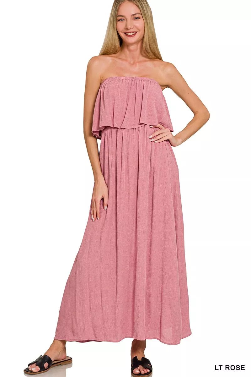 Zenana Woven Crinkle Strapless Maxi Dress - Bitsy Gypsy Boutique