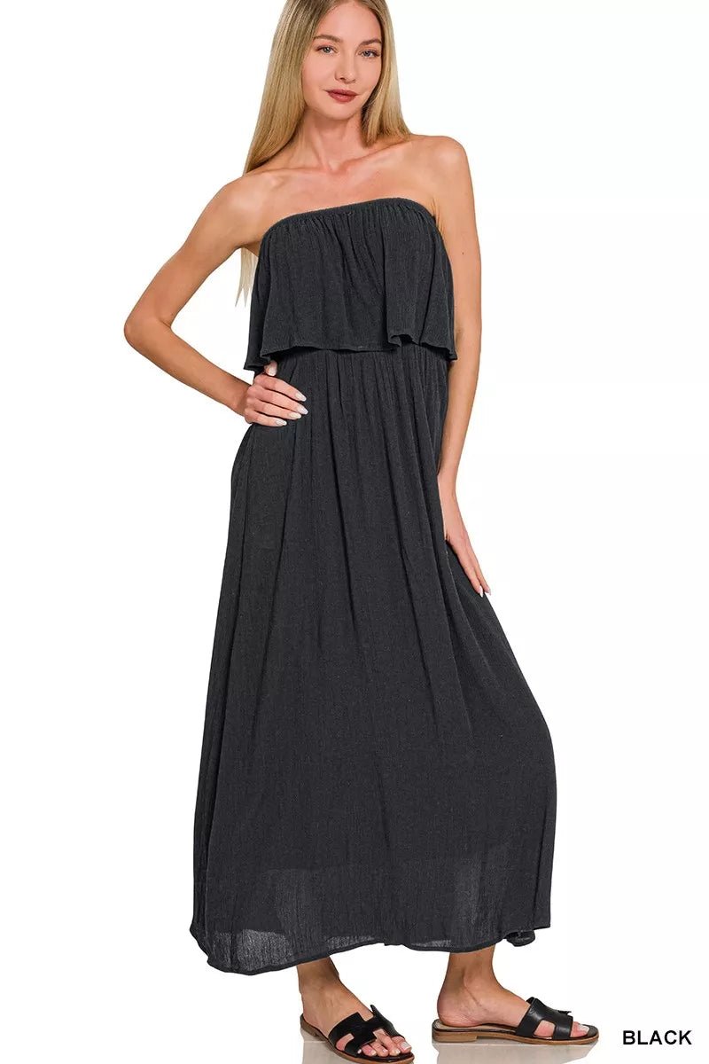 Zenana Woven Crinkle Strapless Maxi Dress - Bitsy Gypsy Boutique