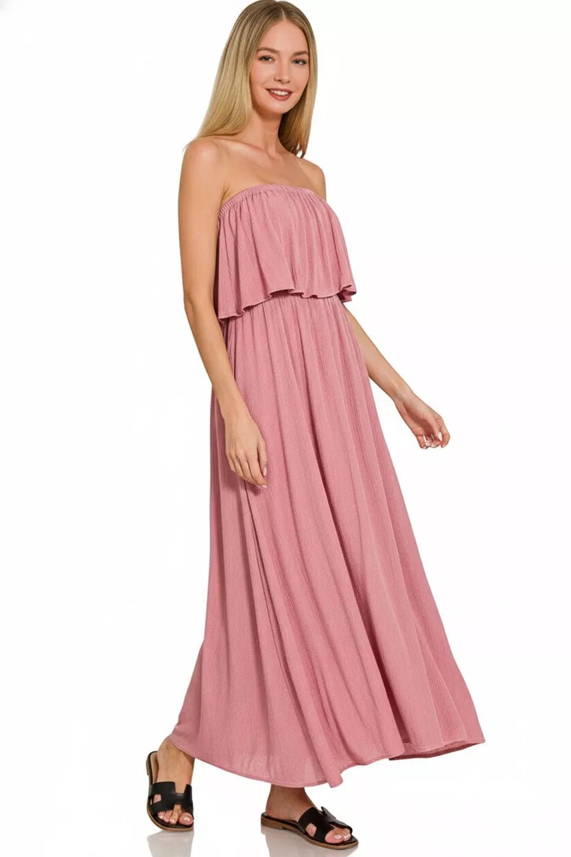 Zenana Woven Crinkle Strapless Maxi Dress - Bitsy Gypsy Boutique