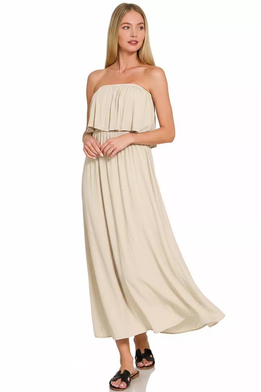 Zenana Woven Crinkle Strapless Maxi Dress - Bitsy Gypsy Boutique