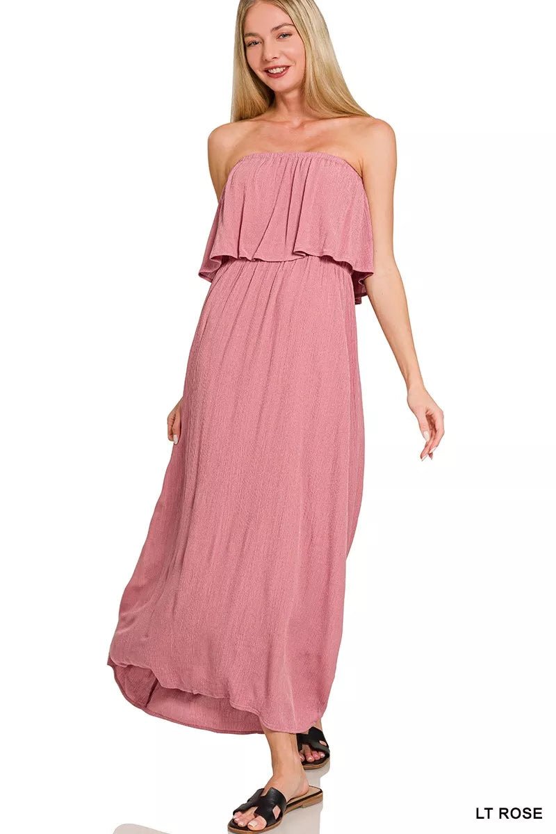 Zenana Woven Crinkle Strapless Maxi Dress - Bitsy Gypsy Boutique