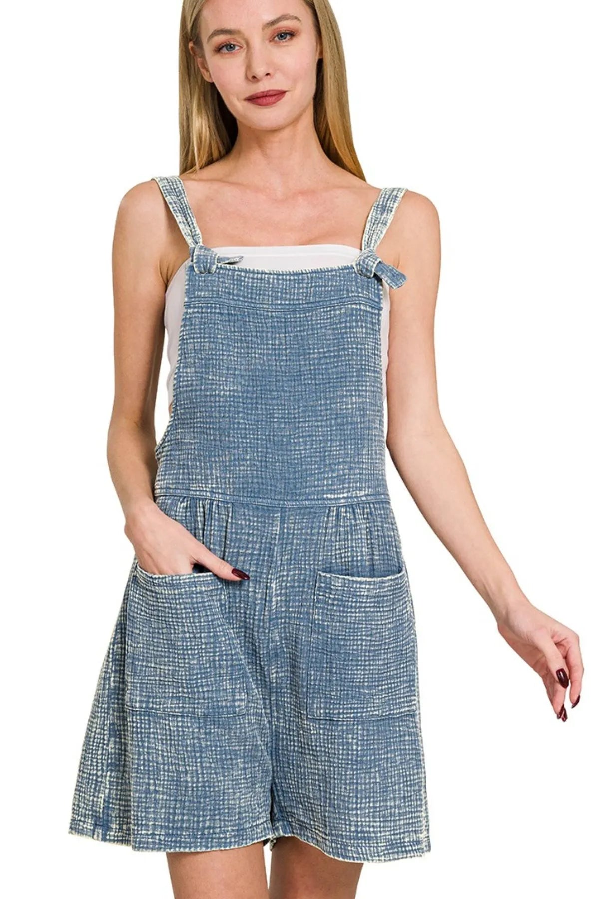 Zenana Woven Double Gauze Acid Washed Romper - Bitsy Gypsy Boutique