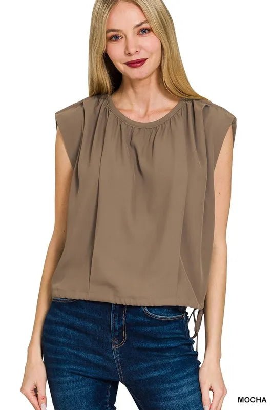 Zenana Woven Drawstring Tie Side Sleeveless Top - Bitsy Gypsy Boutique