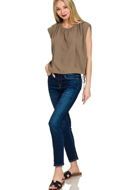 Zenana Woven Drawstring Tie Side Sleeveless Top - Bitsy Gypsy Boutique