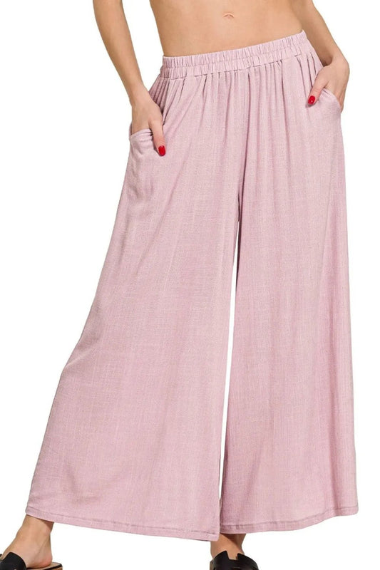 Zenana Woven Elastic Band Pants With Pocket - Bitsy Gypsy Boutique