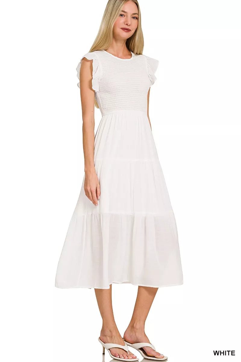 Zenana Woven Smocked Ruffle Sleeve Midi Dress - Bitsy Gypsy Boutique