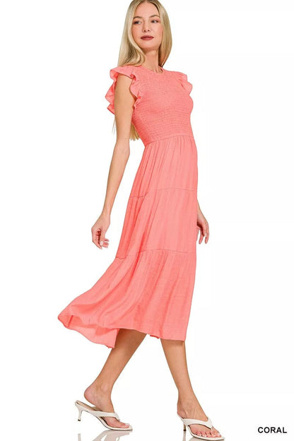 Zenana Woven Smocked Ruffle Sleeve Midi Dress - Bitsy Gypsy Boutique