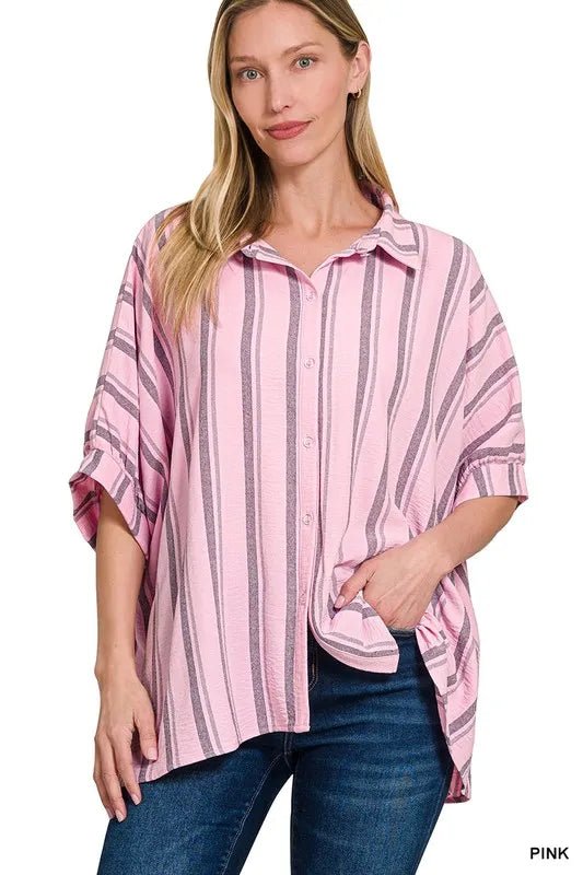 Zenana Woven Yarn - Dye Stripe Oversized Button Down Shirt - Bitsy Gypsy Boutique