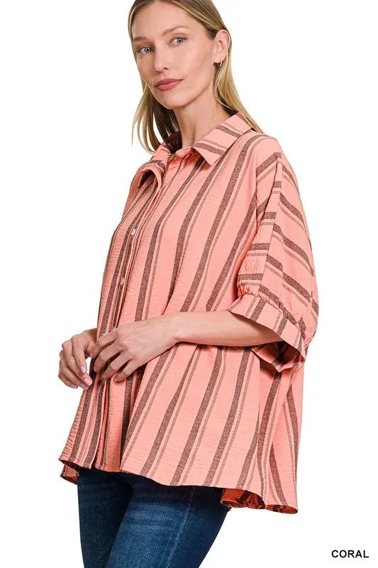Zenana Woven Yarn - Dye Stripe Oversized Button Down Shirt - Bitsy Gypsy Boutique
