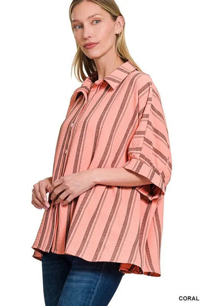 Zenana Woven Yarn - Dye Stripe Oversized Button Down Shirt - Bitsy Gypsy Boutique