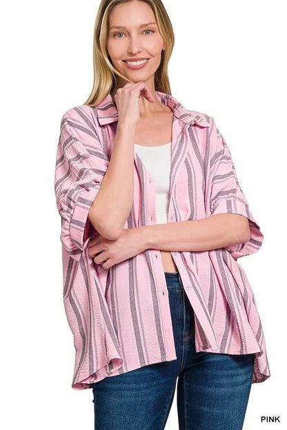 Zenana Woven Yarn - Dye Stripe Oversized Button Down Shirt - Bitsy Gypsy Boutique