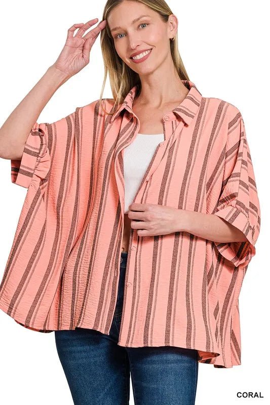 Zenana Woven Yarn - Dye Stripe Oversized Button Down Shirt - Bitsy Gypsy Boutique