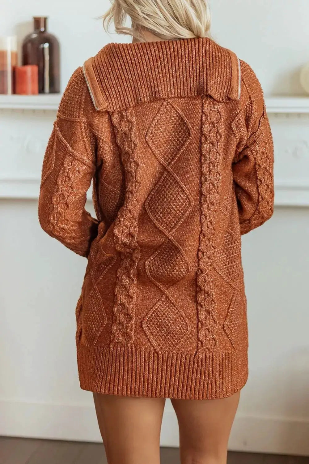 Zip-Up Cable Knit Drop Shoulder Sweater Dress by Trendsi