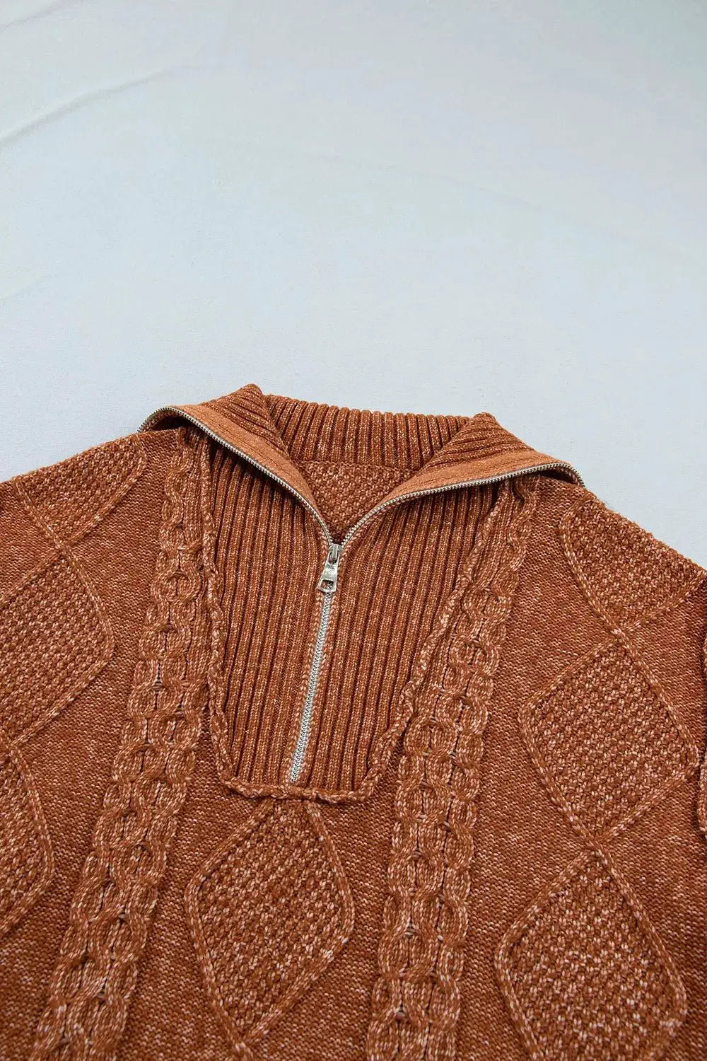 Zip-Up Cable Knit Drop Shoulder Sweater Dress by Trendsi