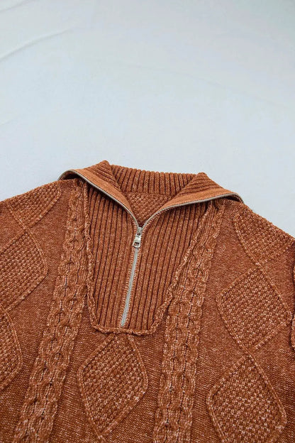 Zip-Up Cable Knit Drop Shoulder Sweater Dress by Trendsi