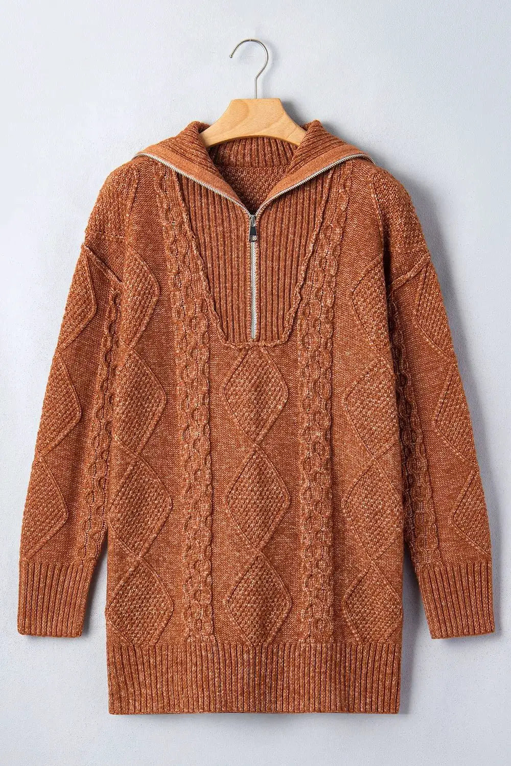Zip-Up Cable Knit Drop Shoulder Sweater Dress by Trendsi