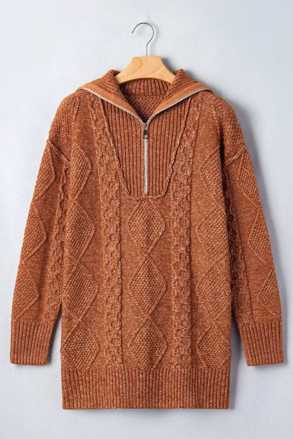 Zip-Up Cable Knit Drop Shoulder Sweater Dress by Trendsi