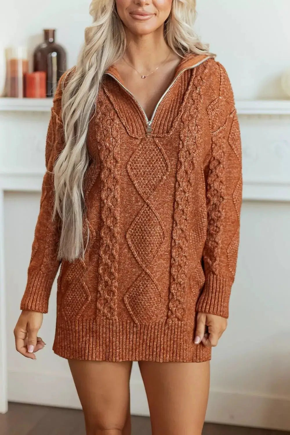Zip-Up Cable Knit Drop Shoulder Sweater Dress by Trendsi