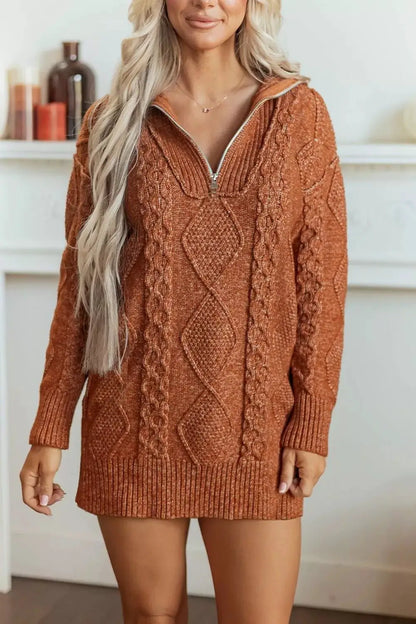 Zip-Up Cable Knit Drop Shoulder Sweater Dress by Trendsi