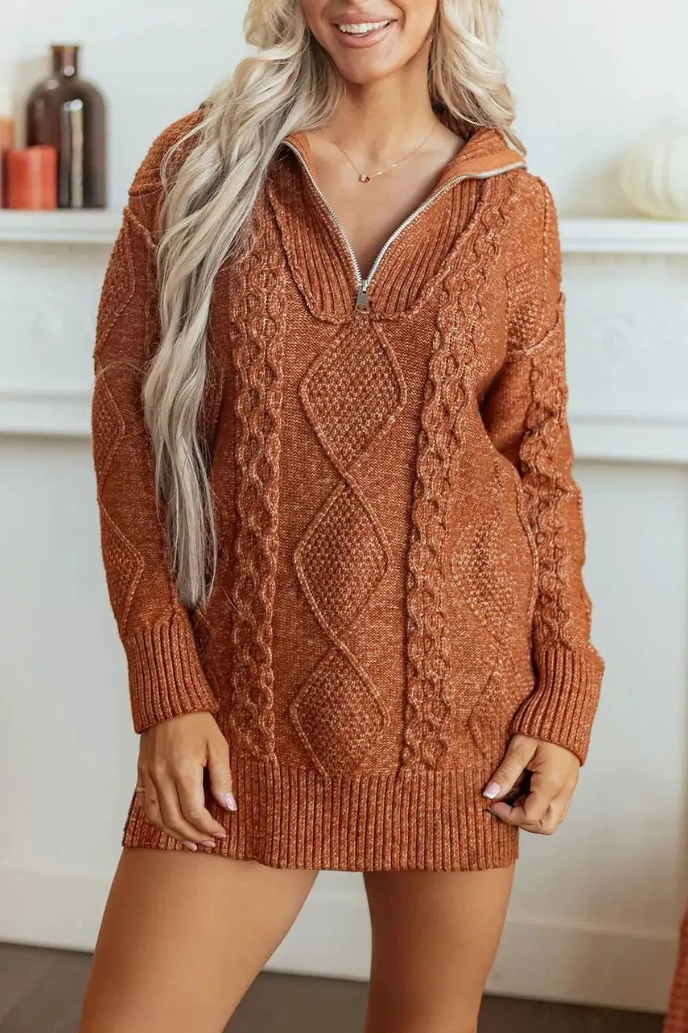 Zip-Up Cable Knit Drop Shoulder Sweater Dress by Trendsi
