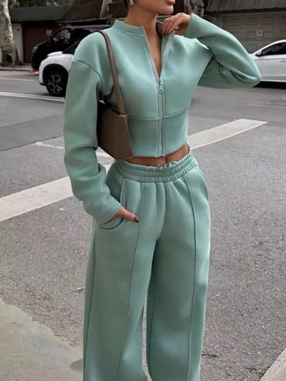 Zip-Up Crop Jacket and Wide-Leg Pants Set - Bitsy Gypsy Boutique