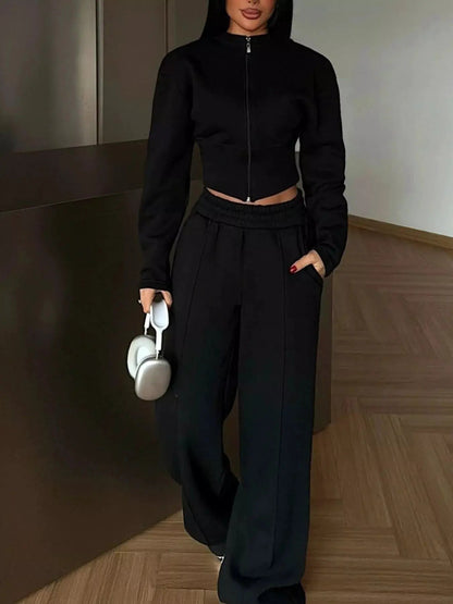 Zip-Up Crop Jacket and Wide-Leg Pants Set - Bitsy Gypsy Boutique