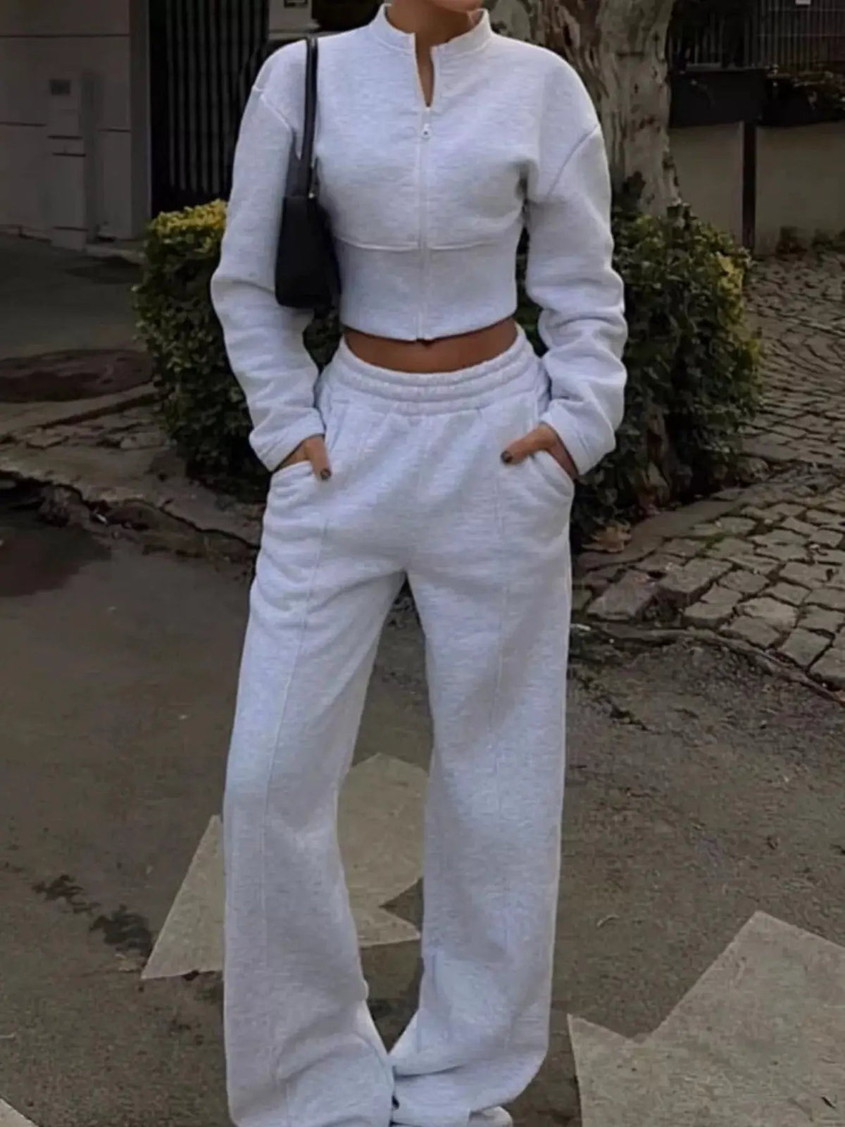 Zip-Up Crop Jacket and Wide-Leg Pants Set - Bitsy Gypsy Boutique