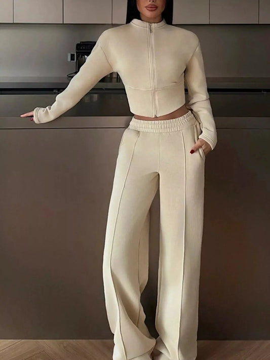 Zip-Up Crop Jacket and Wide-Leg Pants Set - Bitsy Gypsy Boutique