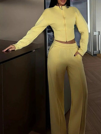 Zip-Up Crop Jacket and Wide-Leg Pants Set - Bitsy Gypsy Boutique