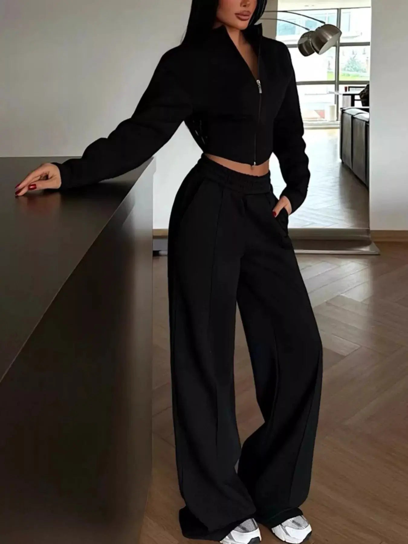 Zip-Up Crop Jacket and Wide-Leg Pants Set - Bitsy Gypsy Boutique