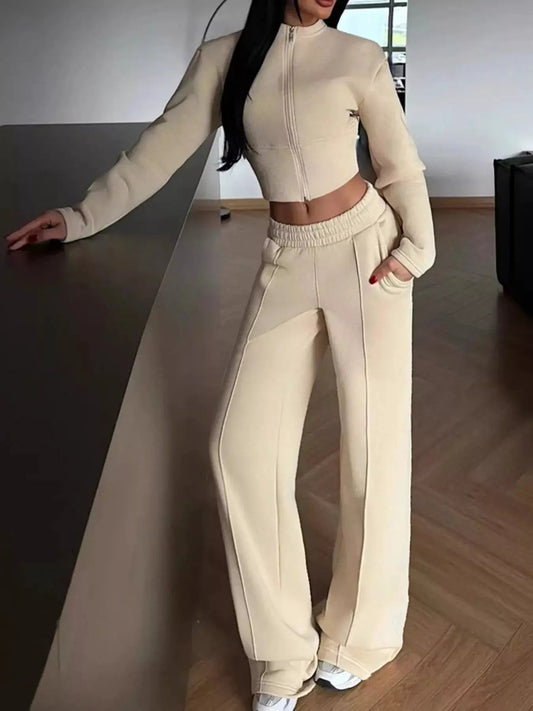 Zip-Up Crop Jacket and Wide-Leg Pants Set - Bitsy Gypsy Boutique