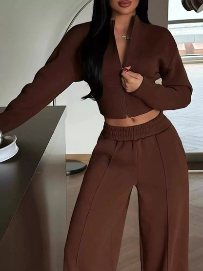 Zip-Up Crop Jacket and Wide-Leg Pants Set - Bitsy Gypsy Boutique