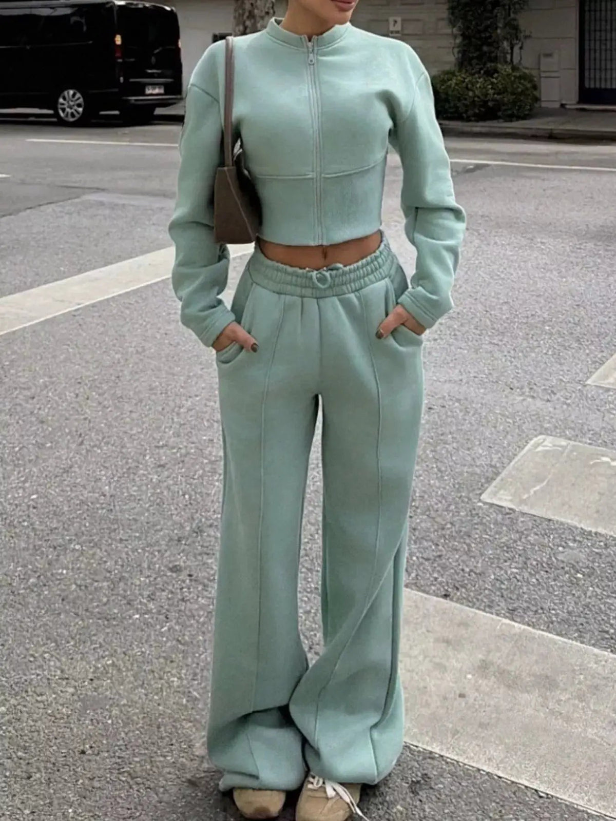 Zip-Up Crop Jacket and Wide-Leg Pants Set - Bitsy Gypsy Boutique