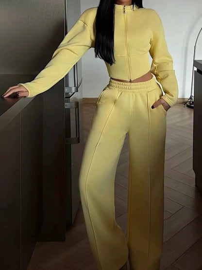 Zip-Up Crop Jacket and Wide-Leg Pants Set - Bitsy Gypsy Boutique