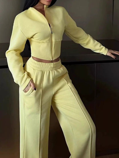 Zip-Up Crop Jacket and Wide-Leg Pants Set - Bitsy Gypsy Boutique