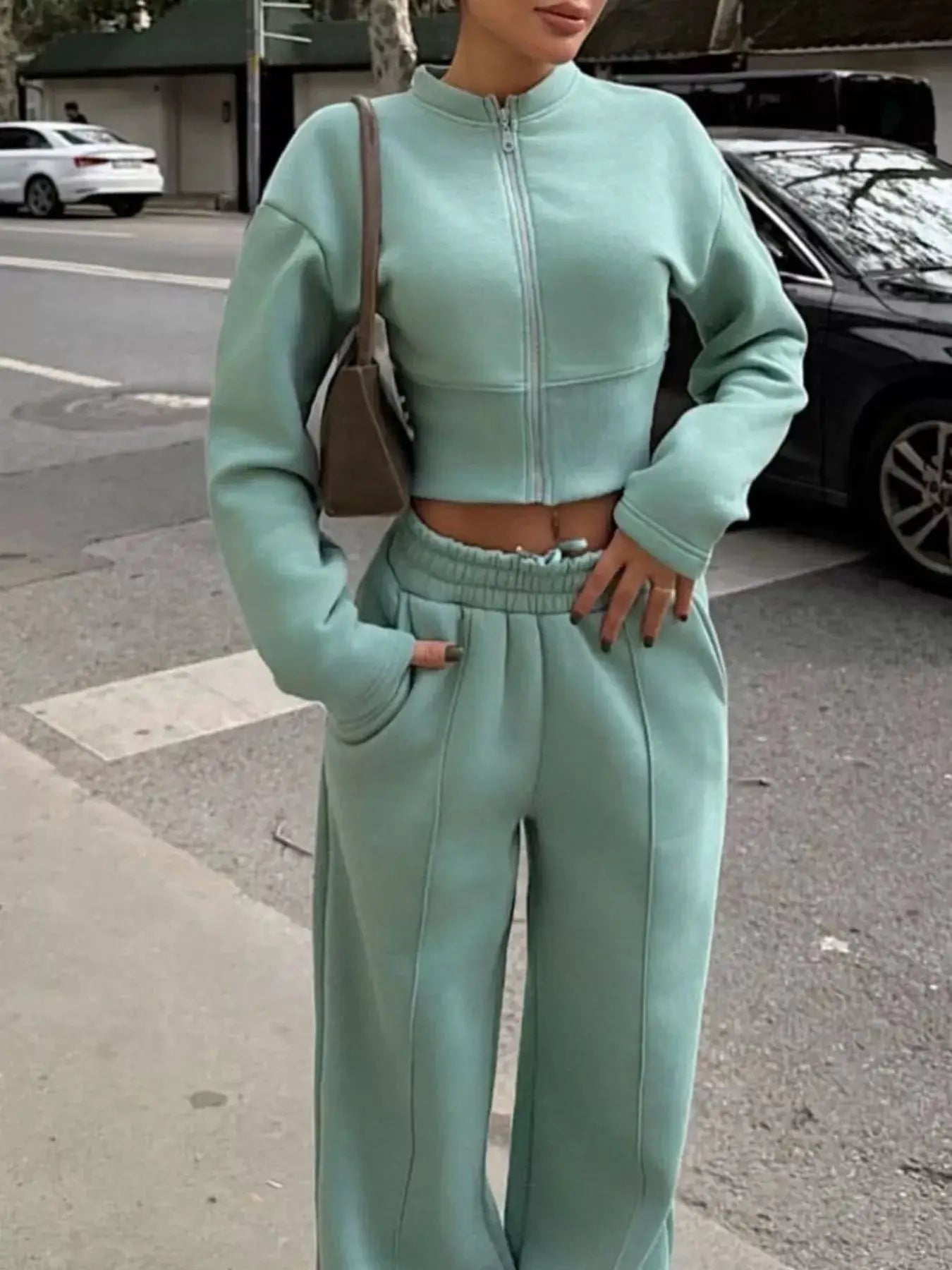 Zip-Up Crop Jacket and Wide-Leg Pants Set - Bitsy Gypsy Boutique