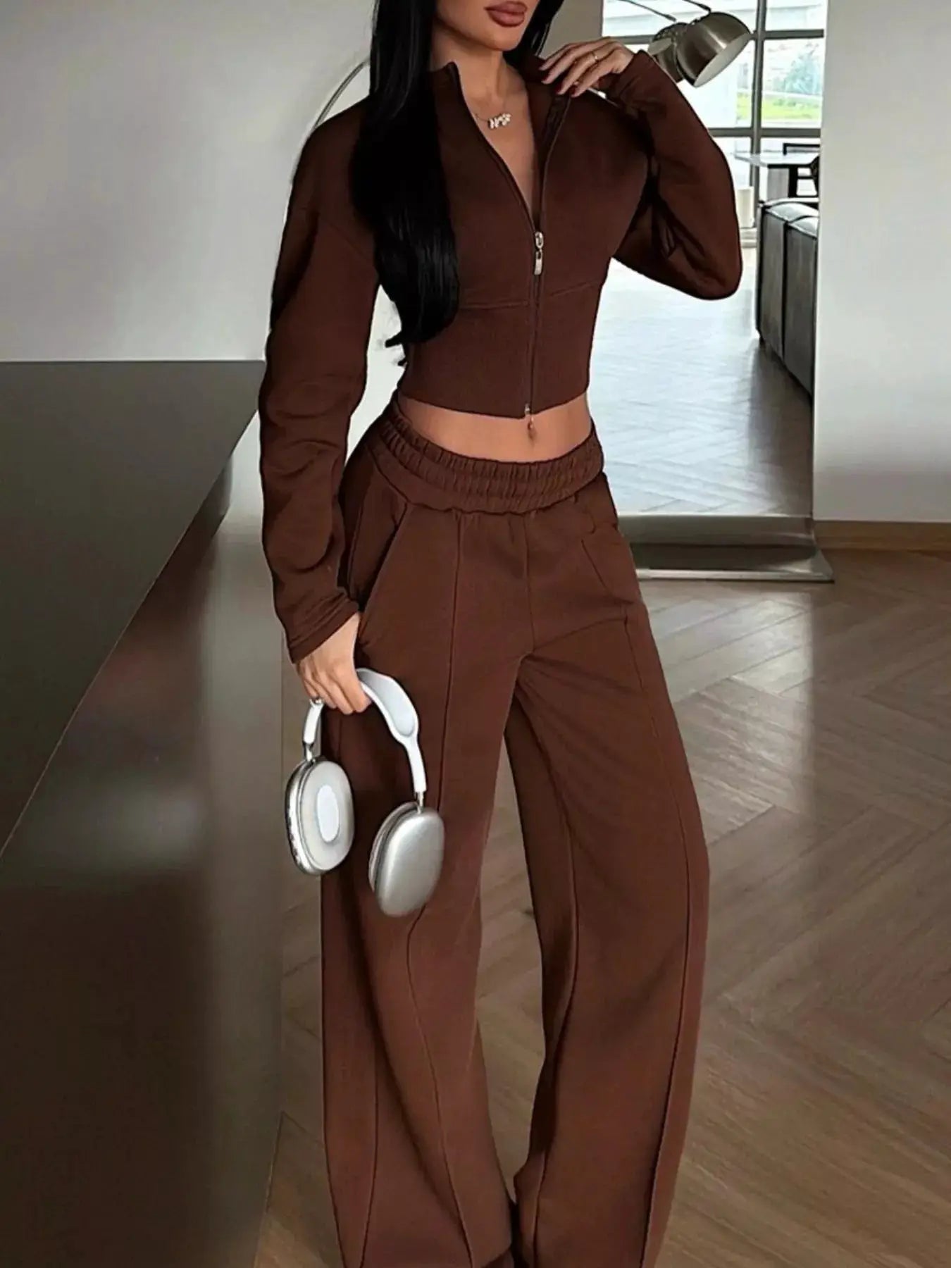 Zip-Up Crop Jacket and Wide-Leg Pants Set - Bitsy Gypsy Boutique