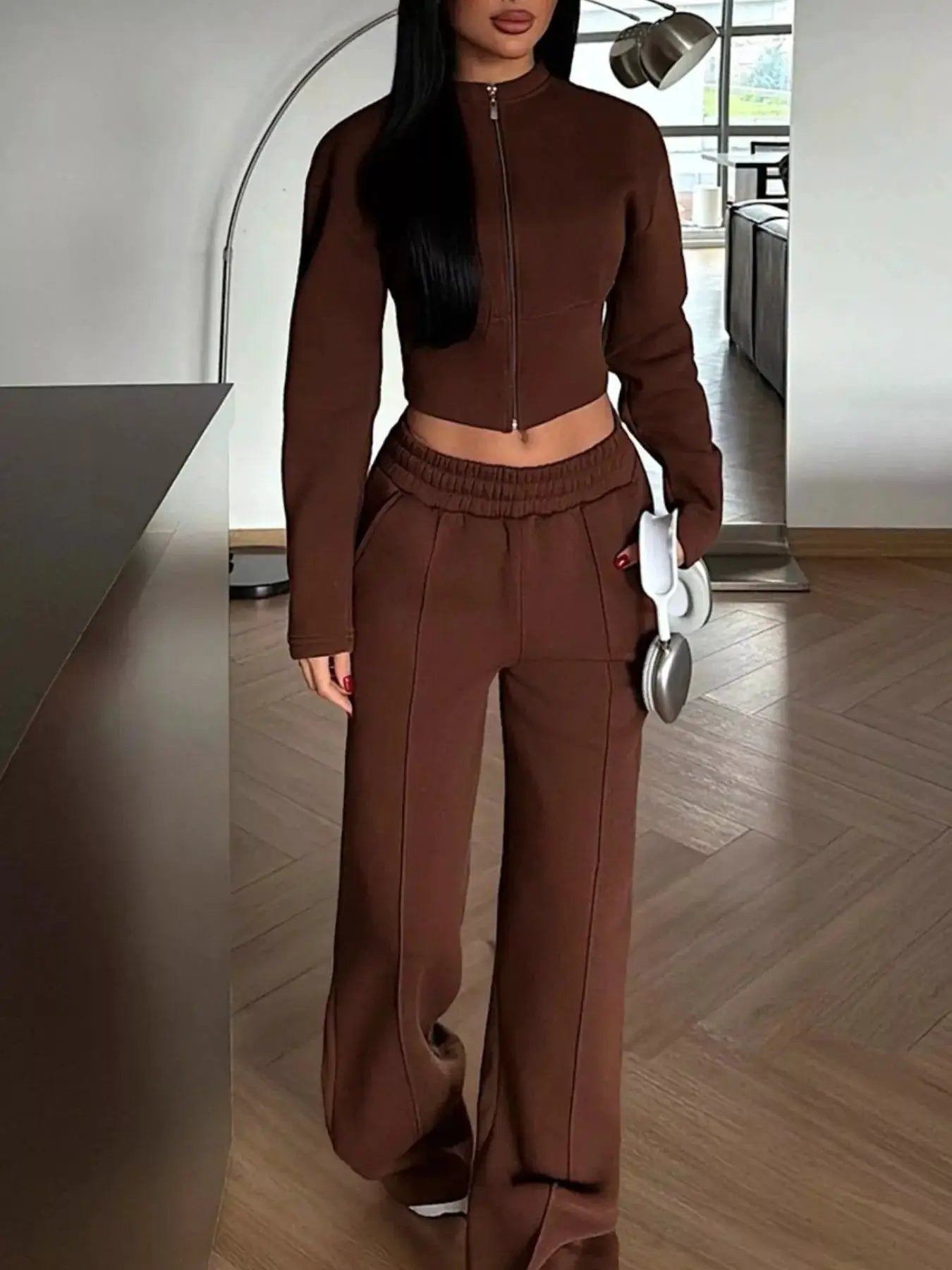 Zip-Up Crop Jacket and Wide-Leg Pants Set - Bitsy Gypsy Boutique