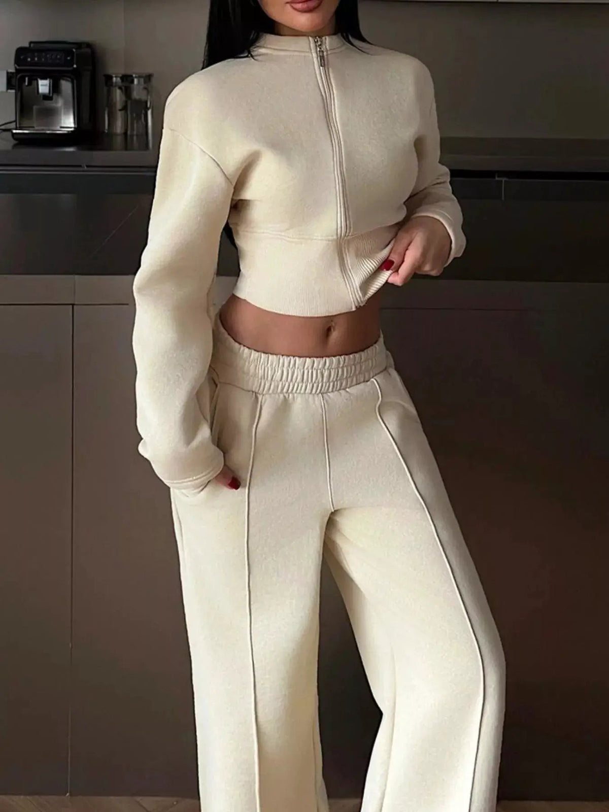 Zip-Up Crop Jacket and Wide-Leg Pants Set - Bitsy Gypsy Boutique