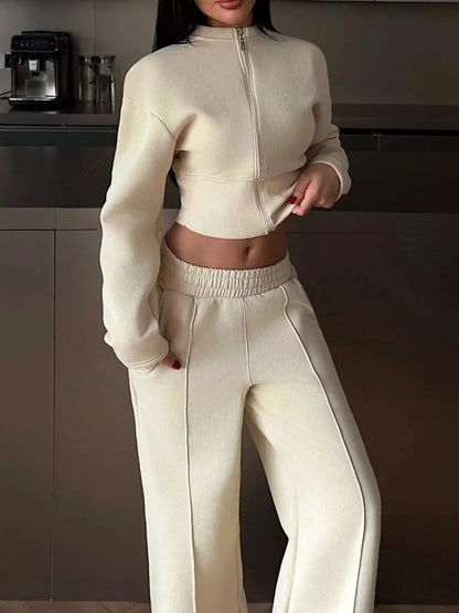 Zip-Up Crop Jacket and Wide-Leg Pants Set - Bitsy Gypsy Boutique