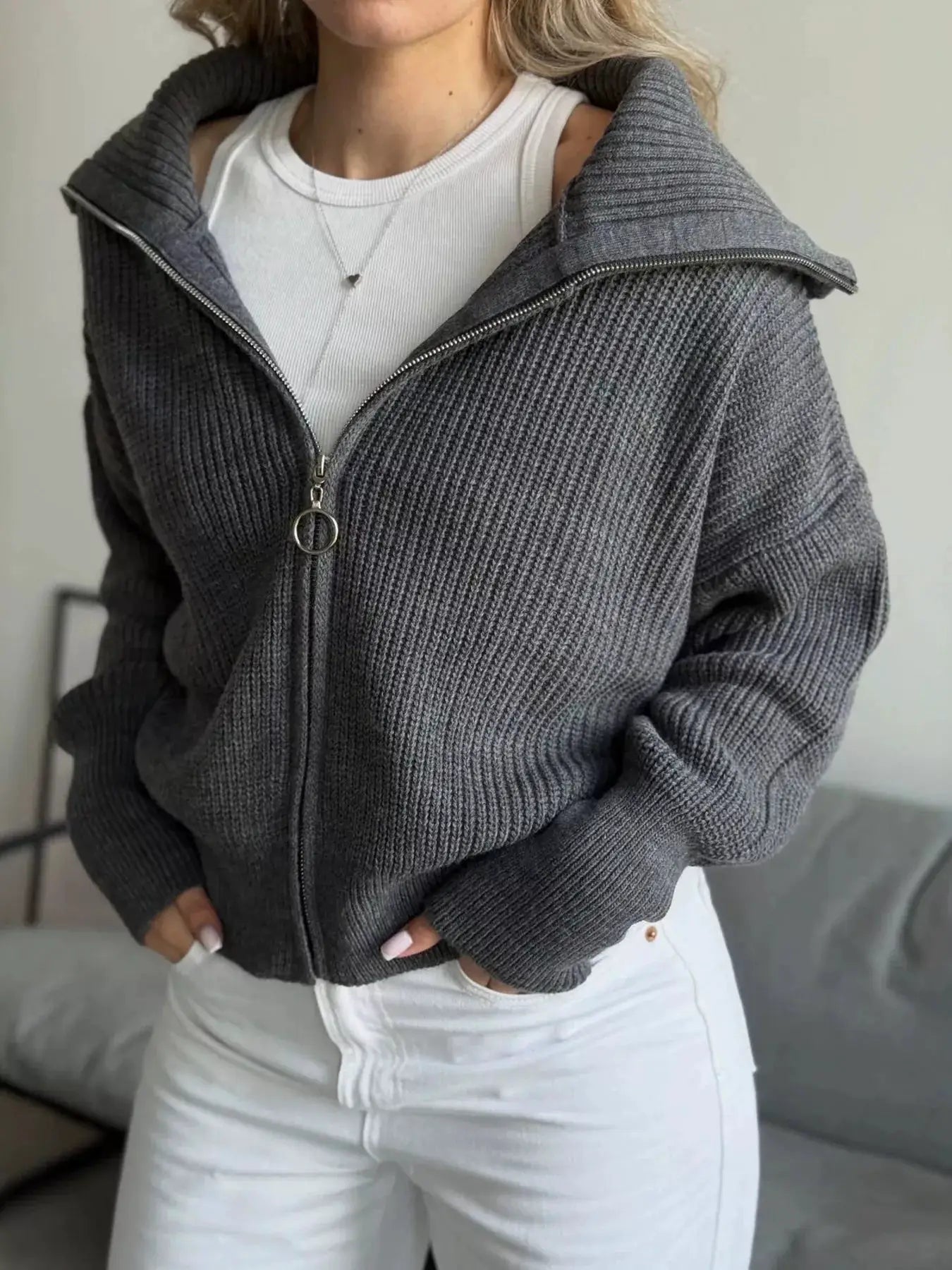 Zip Up Dropped Shoulder Cardigan - Bitsy Gypsy Boutique