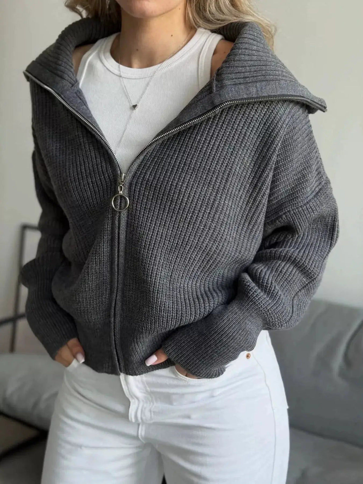 Zip Up Dropped Shoulder Cardigan - Bitsy Gypsy Boutique