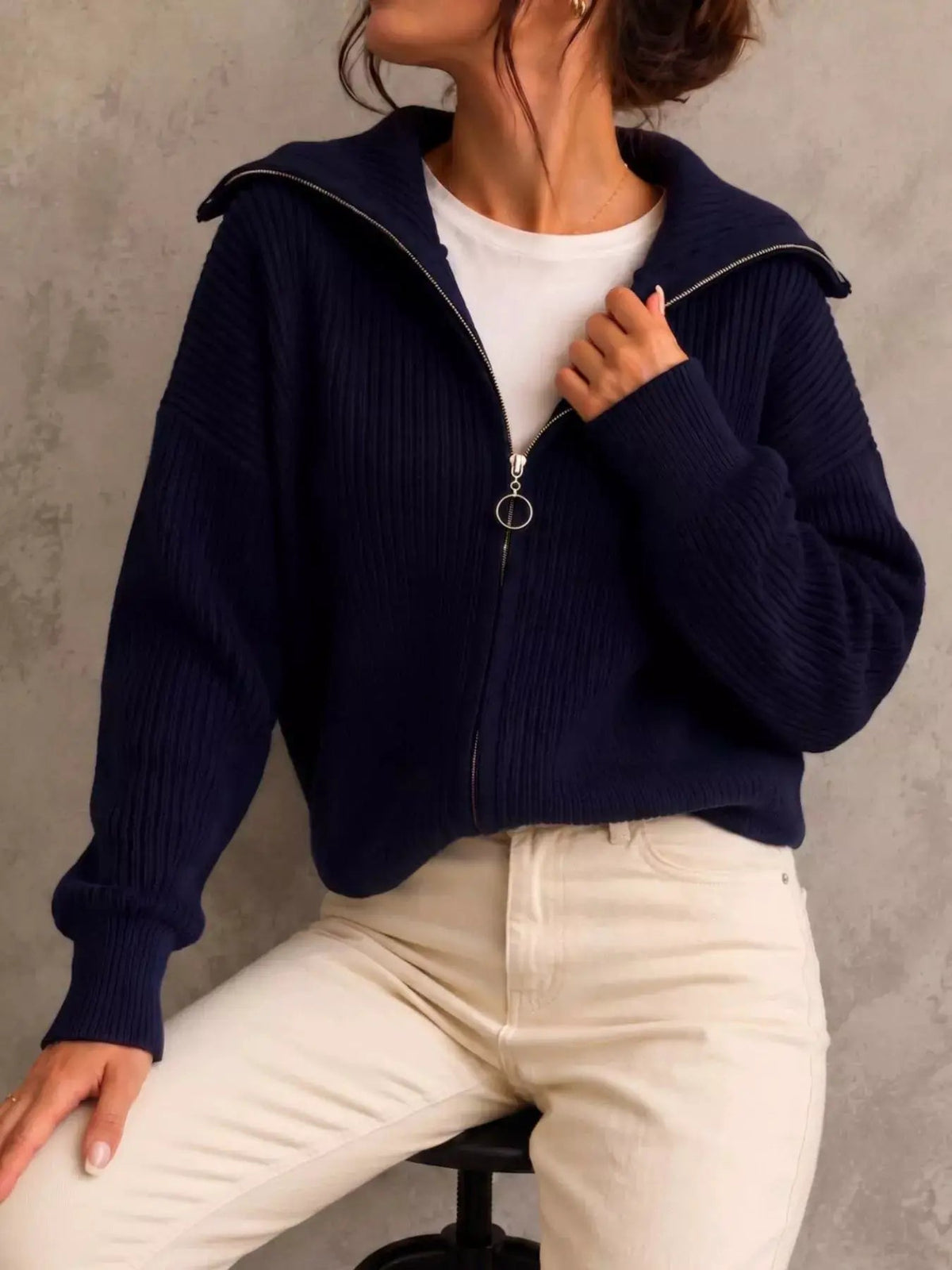 Zip Up Dropped Shoulder Cardigan - Bitsy Gypsy Boutique