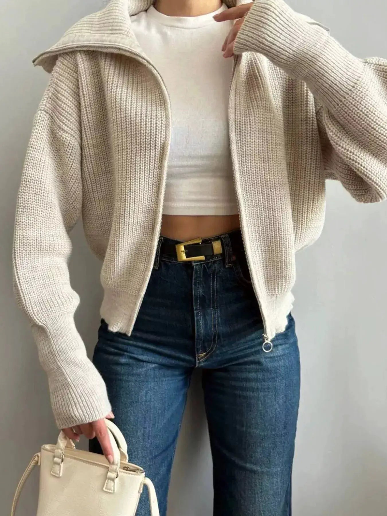 Zip Up Dropped Shoulder Cardigan - Bitsy Gypsy Boutique