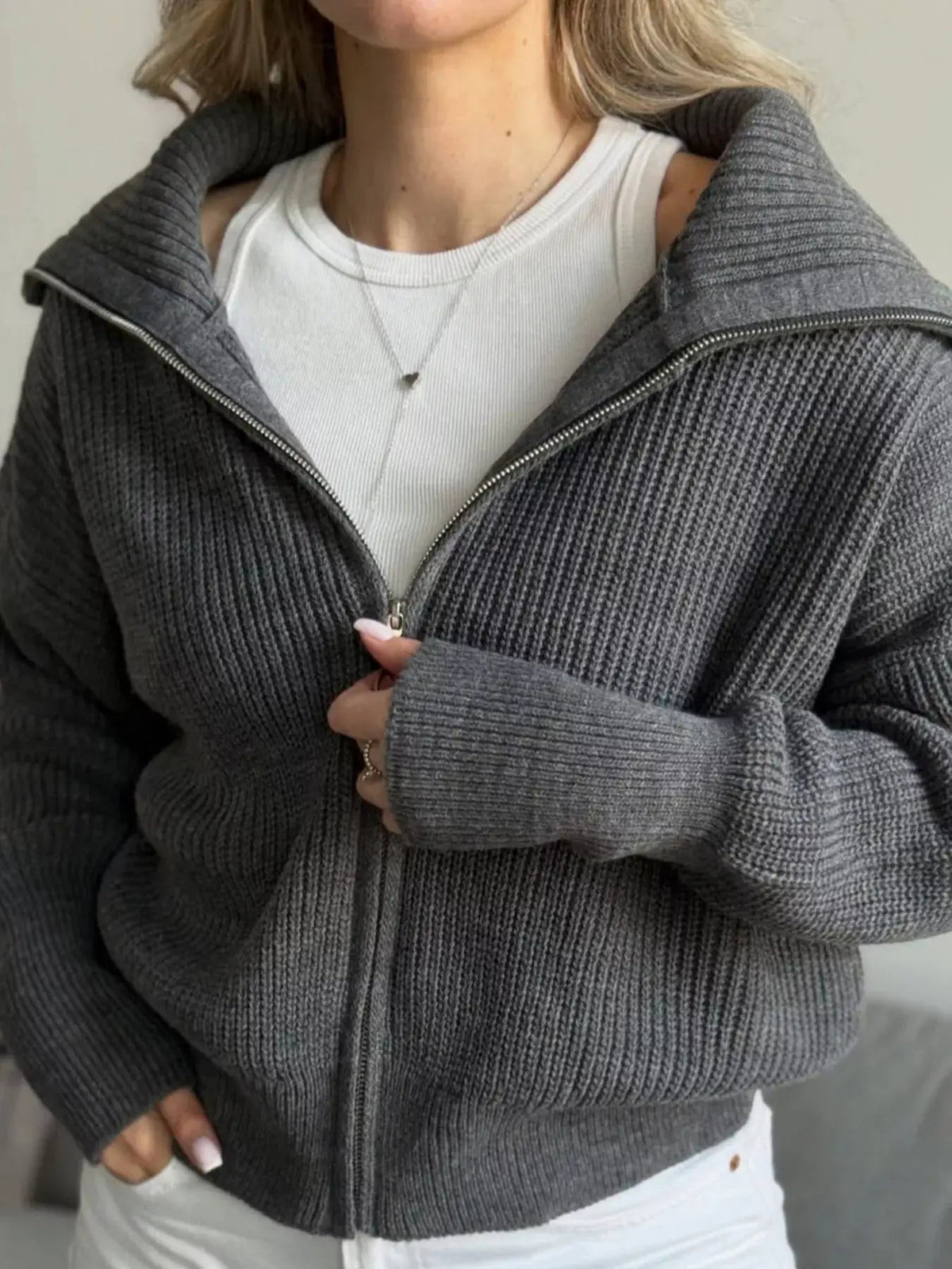 Zip Up Dropped Shoulder Cardigan - Bitsy Gypsy Boutique
